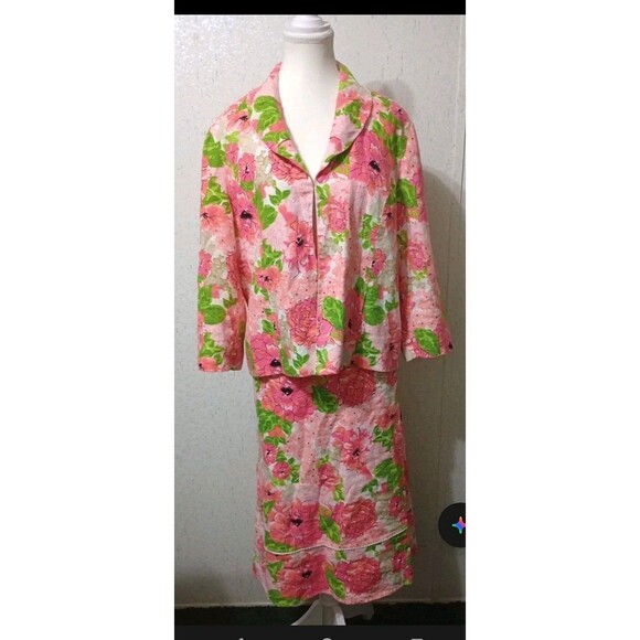Kim Rogers Jacket Skirt Floral XL 100% Linen Pockets Lined 3/4 Sleeves Boho - Picture 1 of 10
